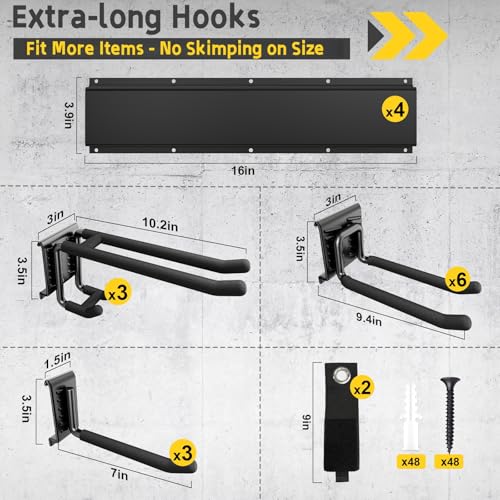 YZSFMZGE 64" Garage Wall Tool Organizer, 900 Lbs Heavy Duty Steel Garden Tool Storage Rack & Garage Organization for Yard, Shed, Garage - 12 Longer & Thicker Hooks + 2 Straps