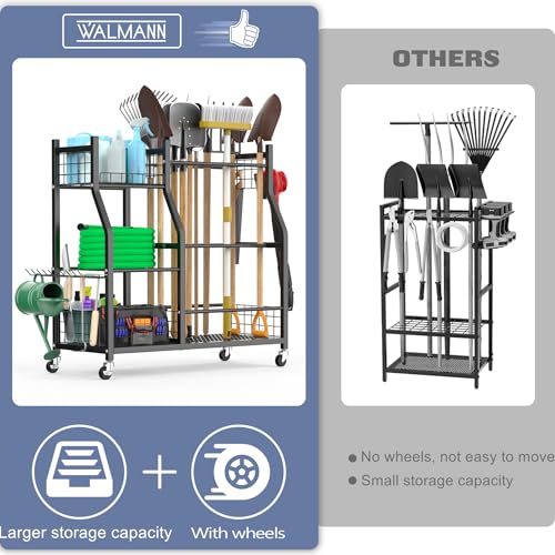 WALMANN Garden Tool Organizer with Wheels for Garage, Large Storage Capacity, Rakes/Shovels/Yard Tools Storage Stand for Shed, Garden, Indoor/Outdoor Long-Handled Tools Rolling Cart
