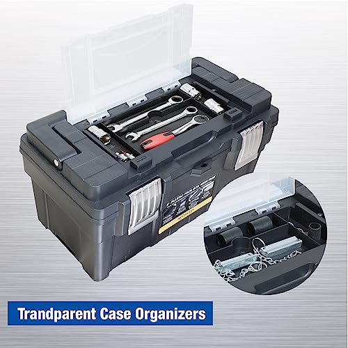 TCE ATRJH-9019U Torin 18-Inch Plastic Tool Box Organizer & Durable Tool Storage Box: Portable Removable Tray and Alum Alloy Handle Tool Box with 2 Metal Snap Lock for Enhanced Security, Black