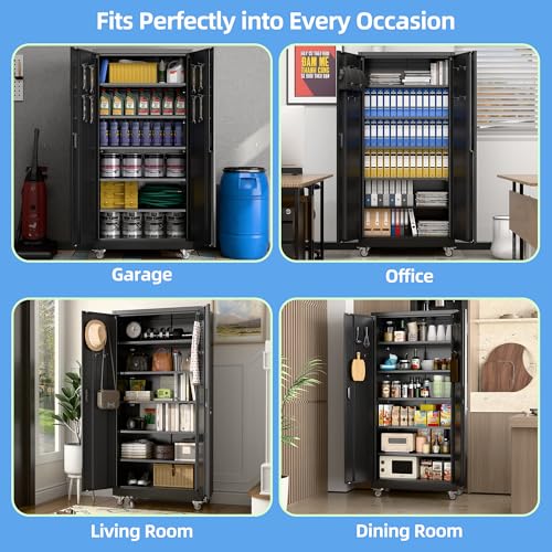 Aobabo Upgraded Garage Storage Cabinets with Wheels,Metal Storage Cabinets with 5 Adjustable Shelves for Garage Home Office Storage, Black,71''H*34''W*18''D,Assembly Required