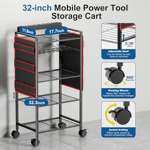 CFMASTER 5-Tier Power Tool Organizer Cart with Charging Station - 8 AC Outlets, 300 lbs Heavy Duty Utility Rack, Rolling Drill Holder & Tool Storage Cart on Wheels for Garage, Workshop, Gift for Men
