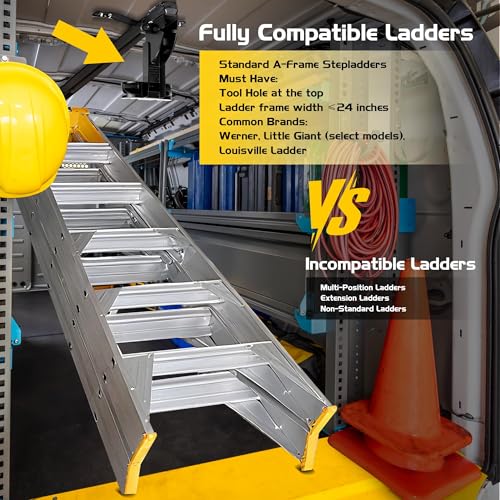 Van Interior Ladder Storage System Utilizes Overhead and Interior Sidewall Space,Alloy Steel Material, Includes System and Mounting Kit; Ladder Rack for Van, Trailers,or Truck Caps