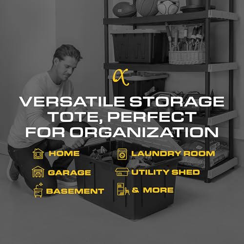 CX Black & Yellow 27-Gallon Heavy Duty Stackable Storage Bins with Lids, Dorm Room Essentials, Moving Boxes, Back to School, Classroom Organization, Home Organization, 4 Pack (14.3"H x 20.6"W x 30.6"D)