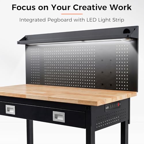60" Adjustable Work Bench with Drawers, Workbench for Garage with Strip Light, Work Table with Large Pegboard, 2000 LBS Heavy Duty Table with Power Outlet Rubber Wood for Office, Workshop