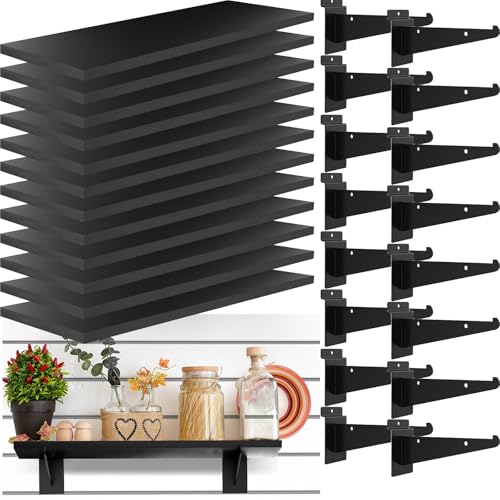 Tcevily 12 Pack Wooden Slatwall Shelf, 15.7" x 6" Slat Wall Shelves with Metal Brackets Heavy Duty Slatwall Shelving Organizer Accessories for Home Garage (12, 6" x 15.7")