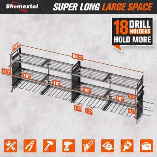 Shomextol 2-Pack Large Power Tool Organizer Wall Mount,Heavy Duty Cordless Tool Organizer with 18 Drill Holder,600 Lbs Capacity 3-Layer Garage Organization for Garage and Workshop (Black)