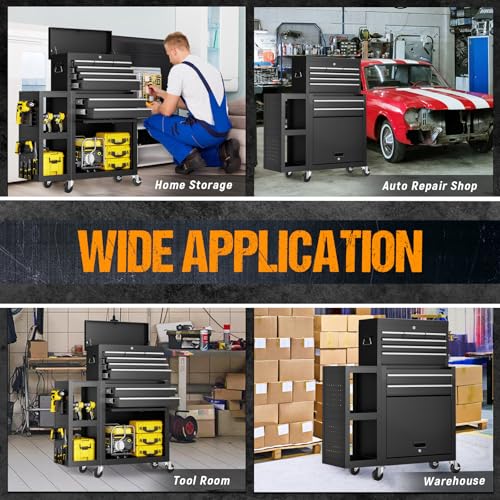 Dkenicor 8-Drawer Rolling Tool Chest,3-in-1 Tool Box on Wheels with Lockable Steel Garage, Detachable Top Toolbox & Bottom Storage Cart with Additional Cabinet for Repair Room,Warehouse, 2026 Black
