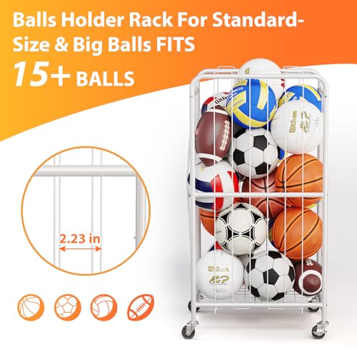 Olldide 210L 43-Inch Large Ball Storage Basket with Wheels, Rolling Cart Sports Equipment Garage Organizer with Elastic Rope for Easy Access, Holder for Basketball, Soccer, Volleyball, Football