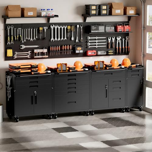 VIYET Garage Storage Cabinet, Metal Rolling Tool Cabinet with 2 Pegboard and 10 Hook, Heavy Duty Mechanics Tool Chest Storage for Workshop, Basement, Warehouse, Include Workbench Liner, Black