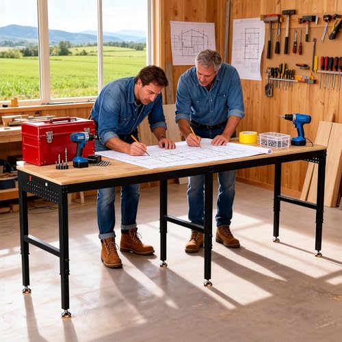 Betterhood 96" Adjustable Workbench, 5000 LBS Heavy Duty Work Table with Power Outlets & Pegboard, Rubber Wood Workstation for Garage, Workshop, Office, Home, Commercial