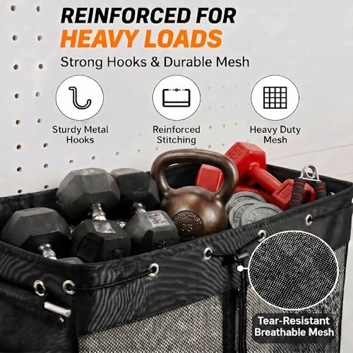 Gerrii 2 Pack Extra Large Pegboard Mesh Storage Baskets with 4 Hooks, 18 x 11 x 26 Inch Pegboard Wall Organizer Accessories with Zippered Front, Large Capacity, for Home Sport Garage Storage