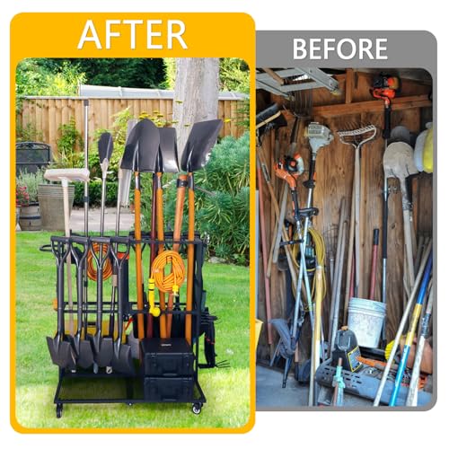 LCMWHOP Garden Tool Organizer - Heavy Duty Garage Storage and Organization with Wheels - Large Garden Tool Storage Holder for Lawn Yard Patio Shed,Garage Shovel Rack
