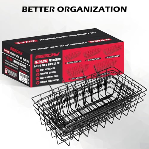 5-Piece Pegboard Baskets Set - Heavy Duty Peg Board Organizer Accessories Bin Set, Premium Black Metal Wire Baskets Tool Shelves, Wall Mount Storage for Garage Workshop Craft Room