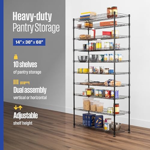 SafeRacks 10-Tier Pantry Shelf, Metal Wire Shelving Unit with Adjustable Shelves & Feet, Anti-Tip Kit, NSF Certified Steel Storage Rack for Kitchen or Garage Black 14" DÌ—36" WÌ—68" H