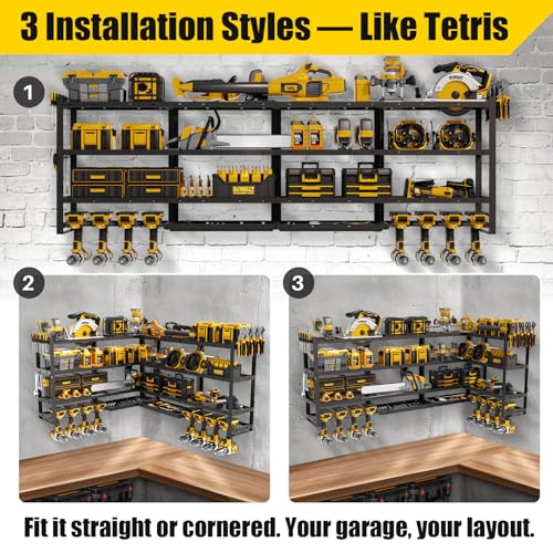 STURDIFLOW XLarge 64''W Power Tool Organizer Wall Mount | Modular&Corner-Fit 820lbs Garage Storage Rack with 8 Cordless Drill Holder | 4-Tier Heavy Duty Utility Shelf for Battery Workshop Organization