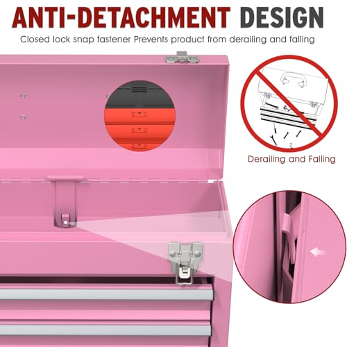 Kieperi 3 Drawers small Tool Box, Portable 3 Drawer Steel Tool Box with Locking System toolbox organization with Liner for Tools Storage (Pink)