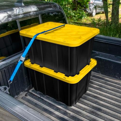 Sterilite 8-Pack 27 Gallon Industrial Storage Tote, Heavy-Duty Plastic Bins, Black/Yellow - Stackable Utility Organizers with Lids for Garage, Camping Tools, and Outdoor Gear