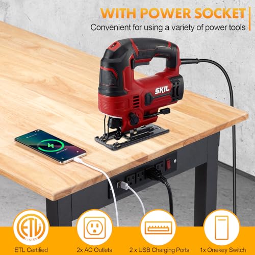 GVGBUK 48" Height Adjustable Workbench, 2000 LBS Load Capacity Rubber Wood Top Workstation, Heavy-Duty Hardwood Worktable for Garage Workshop (with Wheels and Socket,48'')