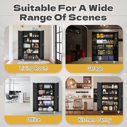 biosp 72" H Wide & Deep Garage Storage Cabinet with Wheels & Pegboards, Metal Storage Cabinet with Locking Door & Adjustable Shelves, Rolling Tool Cabinet for Garage, Shop, Office, 72"x43"x22"