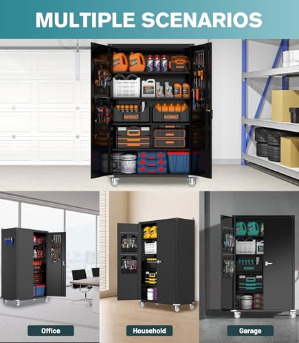 OREALLANDROL 72"x44"x22" Metal Garage Storage Cabinet with Wheels & Pegboards, Black Steel Locking Cabinet with 4 Adjustable Shelves, Rolling Tool for Garage, Basement, Home, Office