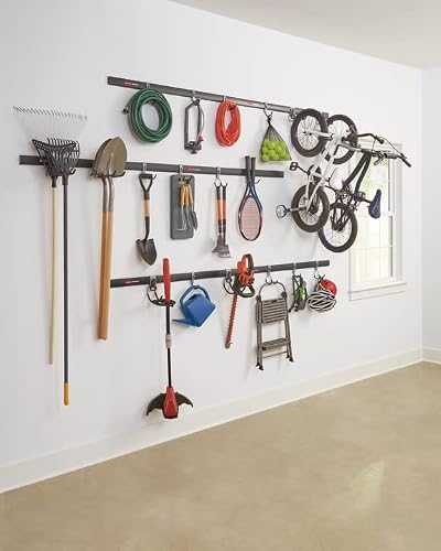 Rubbermaid 24-Piece FastTrack Garage Wall-Mounted Storage Kit, 6 Rails and 18 Hooks, Black, for Home/House/Tool/Sports/Equipment/Utility Purposes