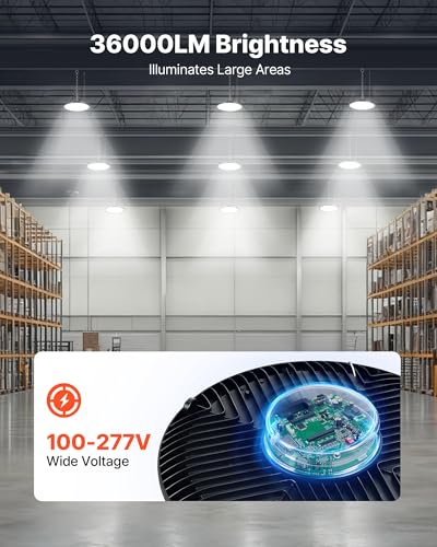VEVOR 4 Pack LED High Bay Lights, 250W 36000LM 5000K Super Bright UFO Warehouse Shop Lights, IP65 Waterproof Garage Lights, 100-277V Wide Voltage for Warehouse Workshop Factory Gym Barn, Black