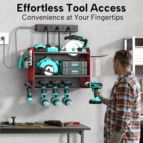 CFMASTER 3 Layer Heavy Duty Power Tool Organizer Wall Mount with Charging Station, Adjustable Metal Storage Rack, 6 Outlets Power Strip, Drill Holders, Hooks & Drill Bit Rack for Garage, Workshop, Red