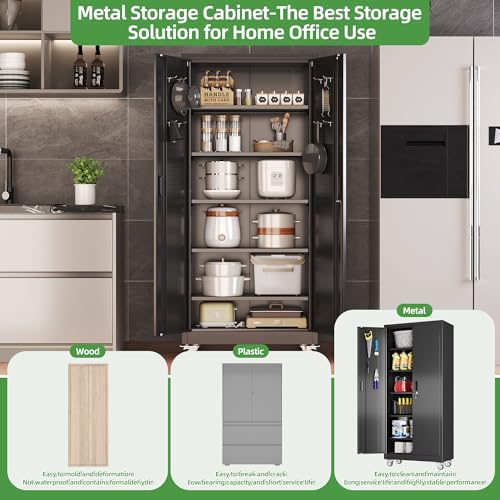 GangMei Garage Storage Cabinet with Wheels and Pegboard, 71" H x 32" W x 16" D Lockable Metal Storage Cabinet with 5 Adjustable Shelves and 2 Doors for Garage Home, Assembly Required, Black