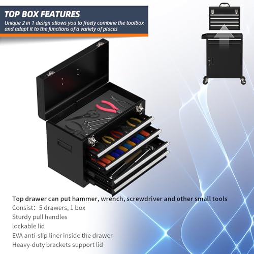 Granper 5-Drawer High Capacity Rolling Tool Box, Removable Cabinet Storage Tool Chest with Wheels and Drawers, Detachable Toolbox with Lock for Mechanics Garage Workshop and Tool Room (Black)
