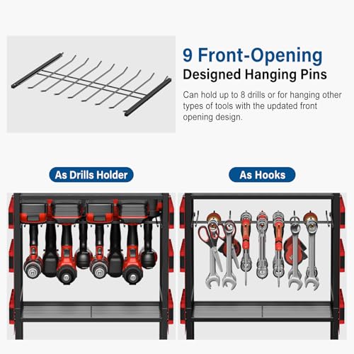 JUNNUJ Garage Large Power Tool Organizer Cart with 8 Outlet 3 USB Charging Station, Floor Rolling Drill and Tools Battery Storage Cart on Wheels, Heavy Duty Utility Rack Shelf with Power Strip