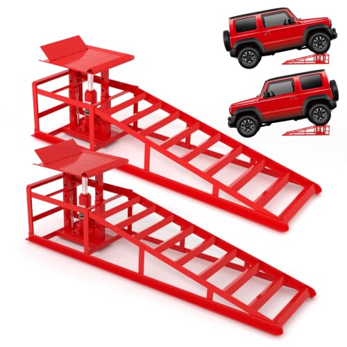 LOCKIETTA 2 PCS Hydraulic Car Ramps 11065LBS 5T Heavy Duty Car Ramp with Hydraulic Jack, Red