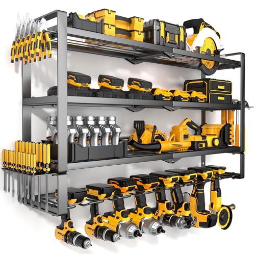 MOOMSINE Large Power Tool Organizer Wall Mount, 4-Tier Heavy Duty Metal Storage Rack Loads 400lbs, Battery Tools Hanger with 8 Cordless Drill Holder for Garage, Workshop, Pegboard, Shed
