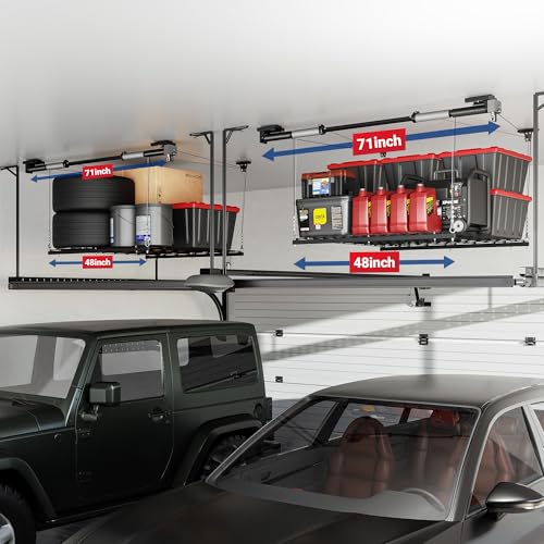 FLEXIMOUNTS GL1 Overhead Garage Lifting Storage Rack, 4x4 Ft Heavy-Duty Metal Garage Ceiling Rack, Adjustable Organization System With 71''L Axle, 350lbs Weight, Black