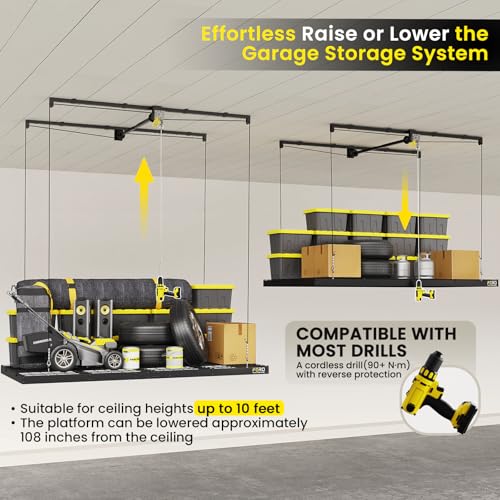 FERO Overhead Garage Storage Rack, 500 lb Capacity, 4x8 FT Garage Ceiling Storage Rack with Safety Lock, Heavy-Duty Ceiling Mounted Lift System, Drop-Down Garage Ceiling Organizer