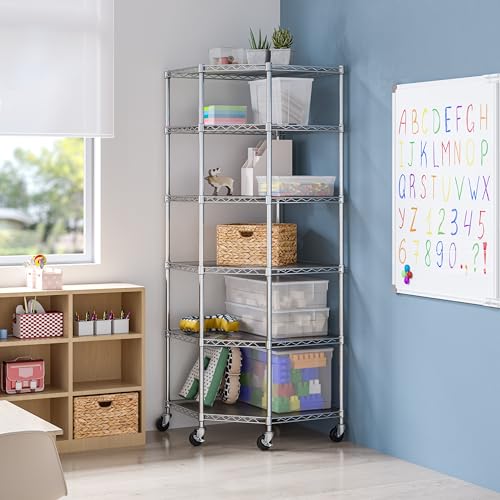 Seville Classics UltraDurable Commercial-Grade 6-Tier NSF-Certified Corner Steel Wire Shelving with Wheels, 28" W x 28" D x 72" H