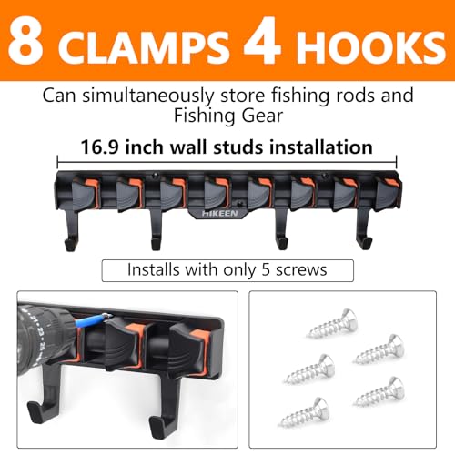 Hikeen Fishing Rod Holders, Wall Mounted Fishing Rod Rack, Fishing Pole Holder Holds Up to 8 Rods or Combos, Fishing Rod Holders for Garage with 4 Hooks, Fits Most Rods of Diameter 3-24mm(1Pack)