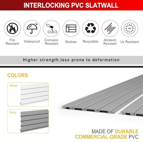 Ginchain 4 x 8 FT Slatwall Panel Garage Wall Organizer, Heavy Duty Slat Wall Paneling Sheets, Interlocking PVC Panels, Garage Slatwall for Tool Organization Mounted Storage Systems