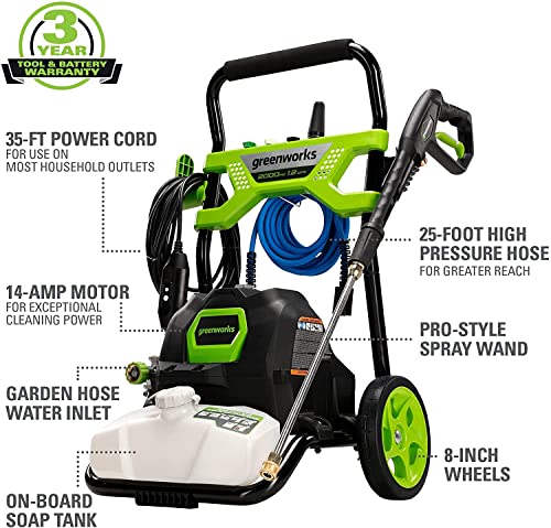 Greenworks 2000 PSI (1.2 GPM) Electric Pressure Washer (25°, 40°, Soap, and Turbo Nozzle) For Use On Decks, Fences, Concrete Patios, Sidewalks & More. Medium-Duty