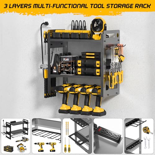 TOPRINCE Power Tool Organizer Wall Mount with Charging Station, 3-Tier Heavy Duty Metal Tool Rack with 4 Drill Holders and 6FT Power Strip, Garage Workshop Storage.Black