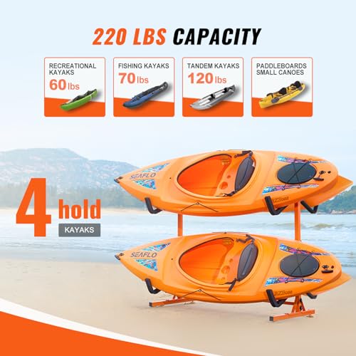 VEVOR Freestanding Kayak Storage Rack, Kayak Stand for 4 Kayak Canoe Paddleboard, Heavy-duty Steel Kayak Hanger Holder with Padded Arms and Adjustable Width, 220LBS Max Load, for Indoor Outdoor Garage