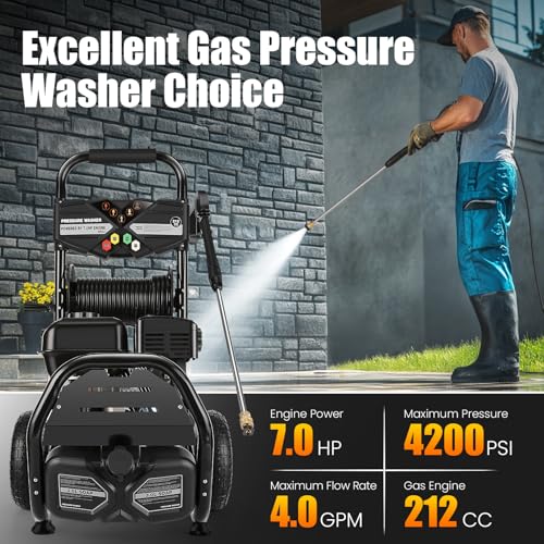 Professional 4200PSI 4GPM 212CC Gas Pressure Washer, 7.0HP Heavy-Duty 3600RPM Commercial Gas Power Washer with 10" Wheels 3000ML Foam Bottle 5 Nozzles 33FT Hose Reel (EPA/CARB/ETL Compliant), Black