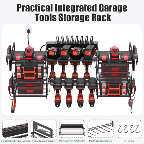 CCCEI Black Power Tool Organizer Wall Mount, Large Tools and Battery Storage Rack Charging Station Individual Switches. Drills Holder, Garage Utility Shelves with 10FT Power Strip. Gift for Men.