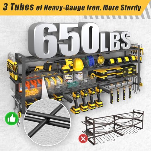 Jusgym Large 49''W Power Tool Organizer Wall Mount |650lbs Tool Garage Storage Rack with 12 Cordless Drill Holder |4-Tier Heavy Duty Garage Organization |Fathers Day Dad Gifts for Men