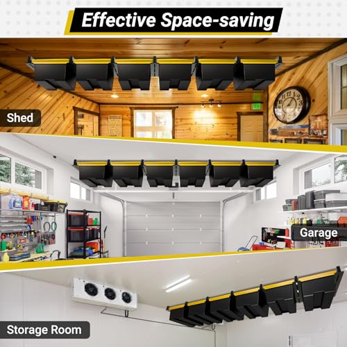 Eastrexon 6-bin Overhead Garage Storage Rack, Ceiling Storage Racks Heavy Duty, Powder Coated Tote Storage Rack for Garages, Sheds, Storerooms (7 PCS, for 6 Bins)