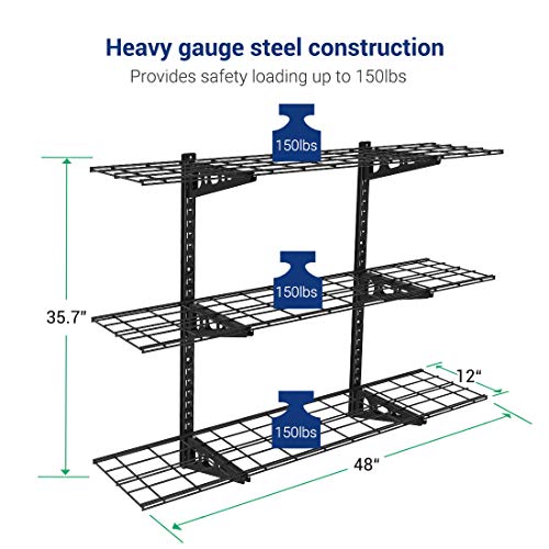 FLEXIMOUNTS 2x8 Overhead Garage Storage Rack, plus 3-Tier 1x4ft Wall Mounted Adjustable Shelving Unit, 450lbs+450lbs Capacity, Heavy-Duty Garage Organizer, Black