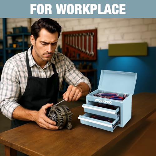 WORKPRO Metal Mini Tool Box, Top Tool Chest containing Two Drawers with Ball Bearing Slides, PVC Drawer Liners and PP Feet Pads, Durable Cold Rolled Steel Small Toolbox for Multi-Purpose Storage