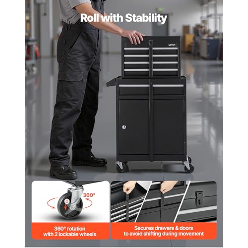 VEVOR Rolling Tool Chest, 2-in-1 Design, 5 Drawers Tool Cabinet Organizer with Detachable Top Metal Toolbox, Lock Bar, Protective Liner, and Tools Rack, Garage Storage Cabinet for Warehouse, Workshop