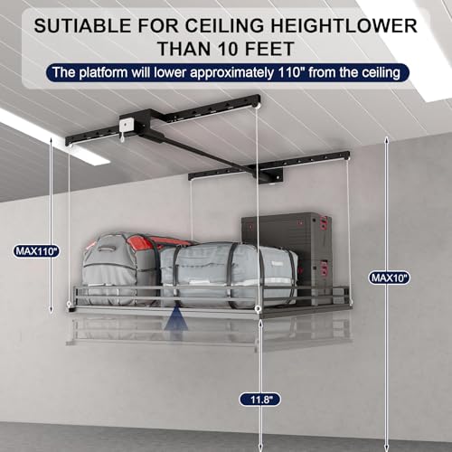 LoJok Garage Ceiling Storage Lift, Manual Overhead Hoist Rack with 5" Safety Railing, 4x4 Ft Heavy Duty Metal Platform, 300 lbs Capacity, Includes Dust Cover & Straps, Black (Triangular Style)
