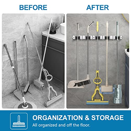 IMILLET 2 Pack Wall Mount Broom Holder Stainless Steel 5 Racks with 4 Hooks Broom Organizer Self Adhesive Heavy Duty Laundry Room, Garage Organization Storage
