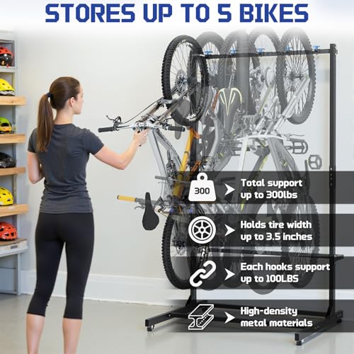 Kinchoix Freestanding Bike Rack with Caster Vertical Bike Storage Stand for Garage Indoor Bicycle Organizer Holds Up to 5 Bikes